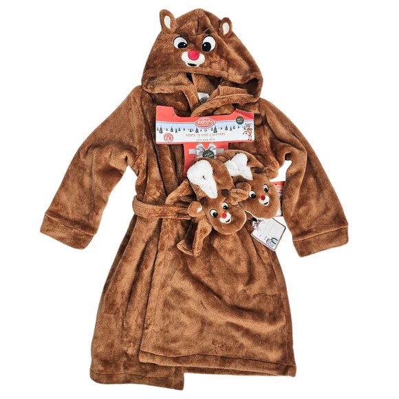 Rudolph Character Plush Hooded Robe & Slipper Set Toddler Size 2T-3T NWT - Picture 1 of 9